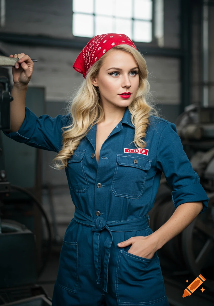 Photorealistic portrait of a blonde woman in a blue uniform and red bandana in a workshop.