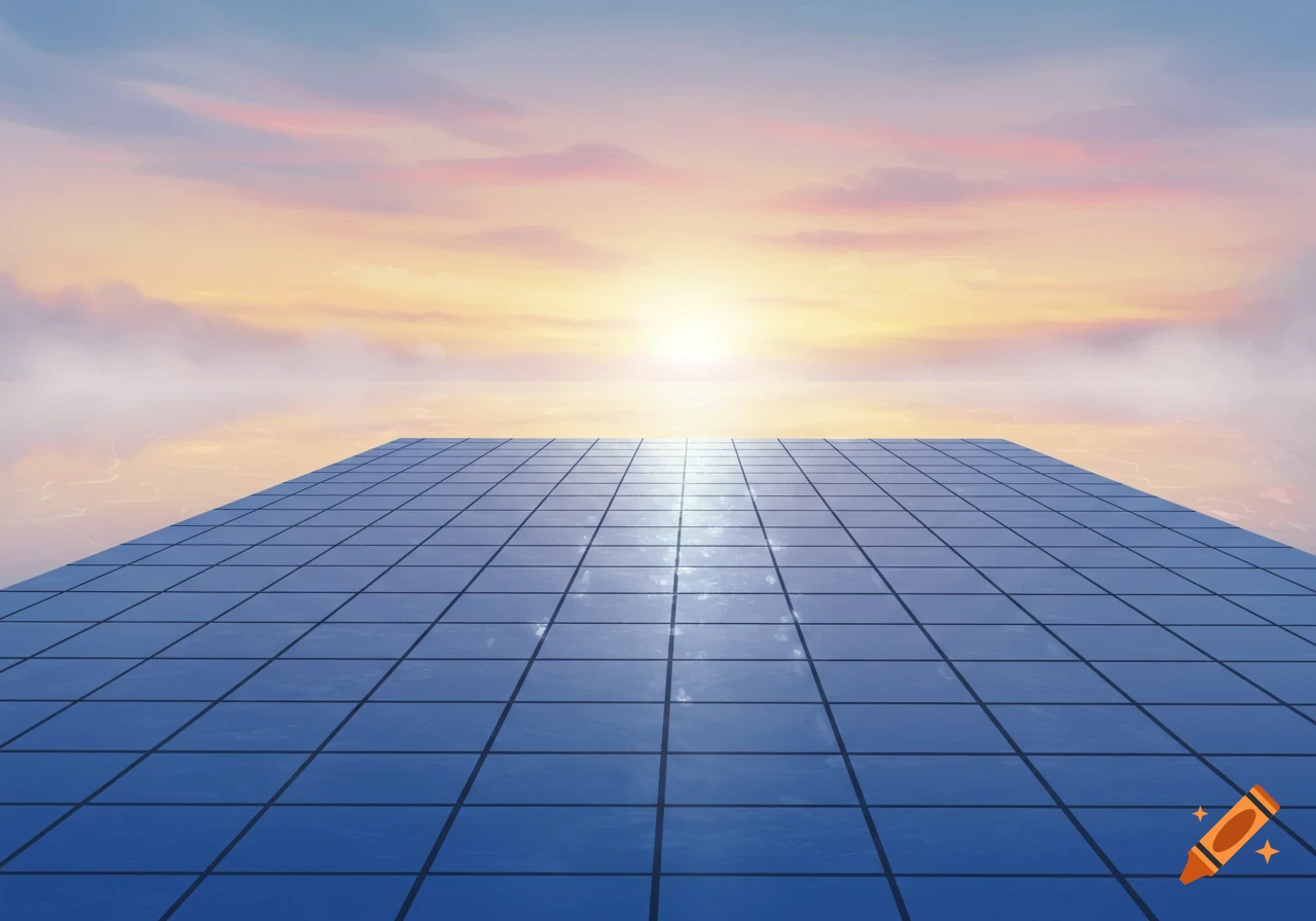 A blue tiled platform extends towards a bright sunset on the horizon, with reflections of the sky on its surface.
