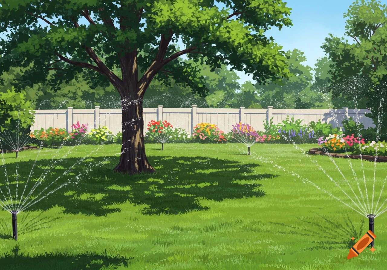 A cartoon illustration of a vibrant green lawn with a large tree, colorful flower beds, and several sprinklers watering the grass under a clear blue sky.