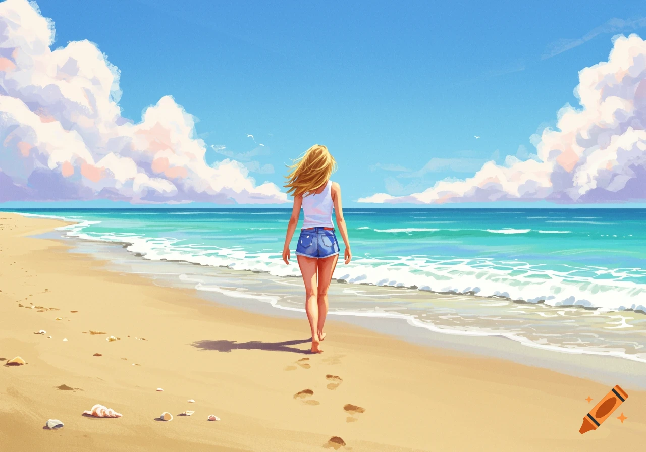 A woman walks on a sandy beach towards the ocean under a clear sky with clouds in an illustration style.