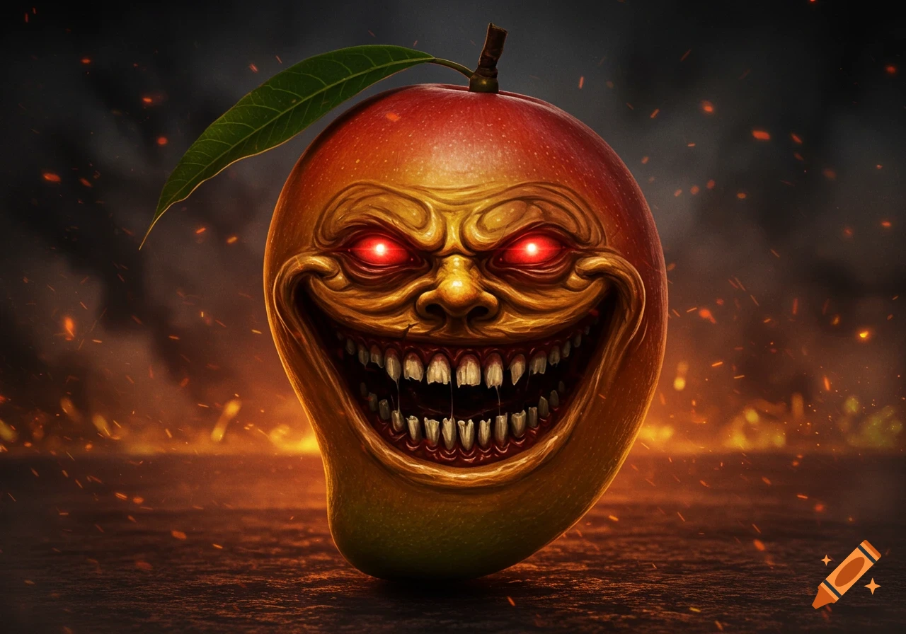 A terrifying mango with glowing red eyes and a monstrous grin in a dark, smoky, fiery setting.