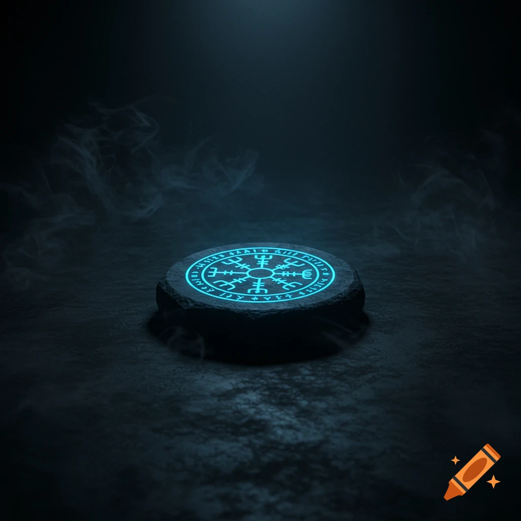 A glowing blue Vegvisir rune on a dark stone pedestal, surrounded by wisps of smoke in a mysterious, dimly lit setting.