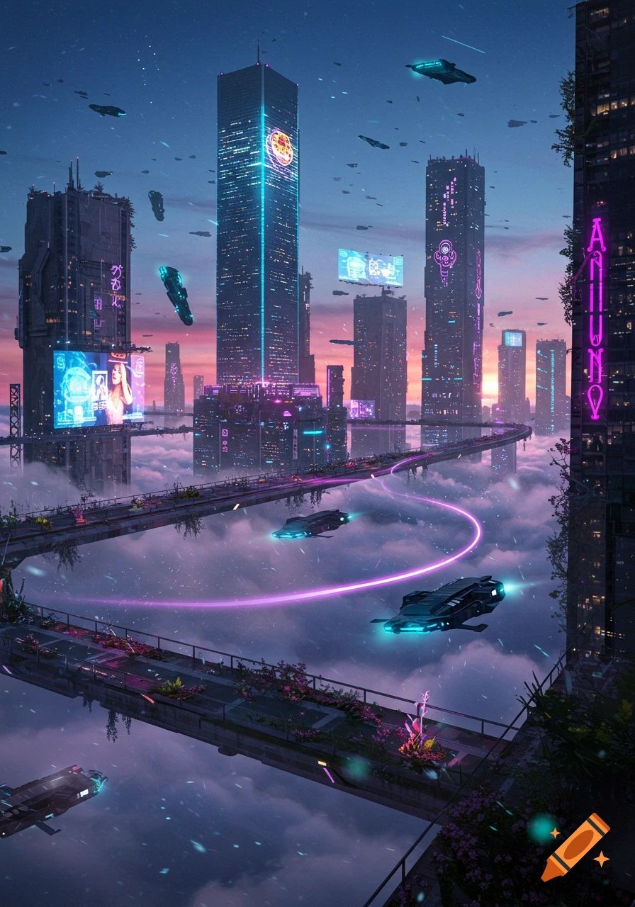 A vibrant cyberpunk cityscape at dusk, with towering skyscrapers, flying vehicles, and elevated roads shrouded in clouds, bathed in neon lights.