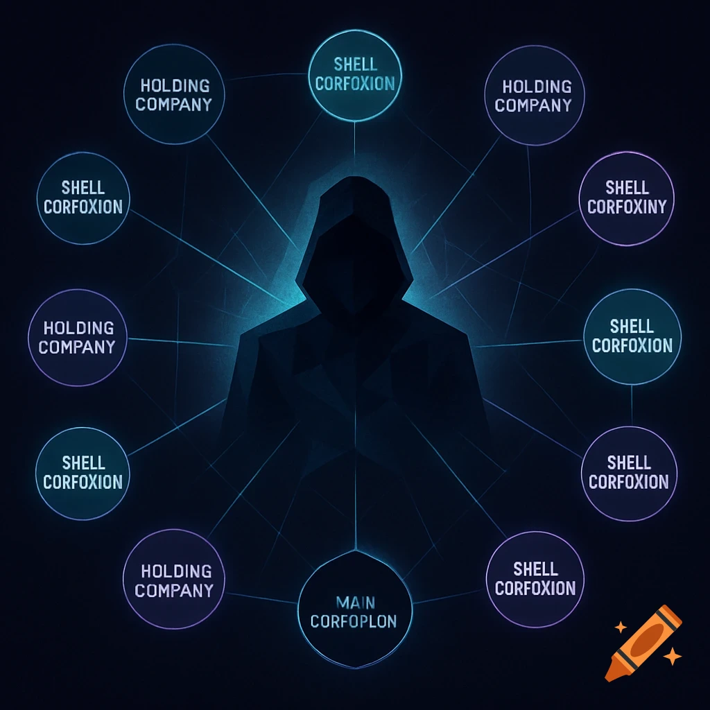 A dark, hooded figure at the center of a glowing blue and purple digital diagram, with circles labeled 'Holding Company', 'Shell Corfoxion', 'Shell Corfoxiny', and 'Main Corfoplon' connected by lines.