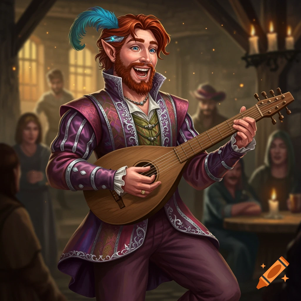 A red-haired fantasy bard with pointed ears and a beard plays a stringed instrument in a tavern, smiling widely, wearing elaborate purple and green clothing.