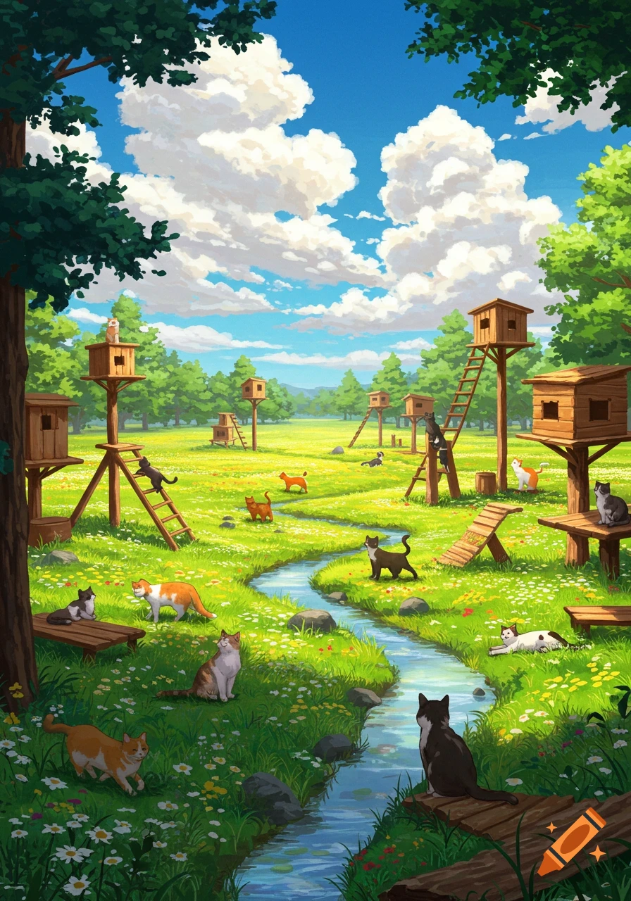 Illustrated scene of numerous cats in a sunny green meadow with wooden cat houses, a winding stream, and fluffy clouds.