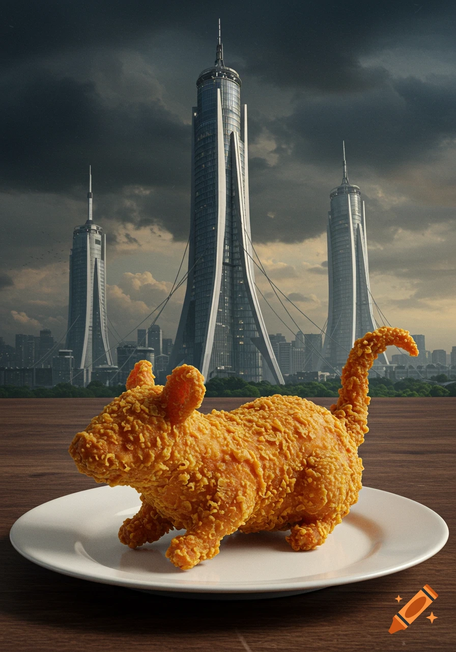 Hyperrealistic image of a fried chicken shaped like a rat, on a white plate with futuristic skyscrapers under a cloudy sky.