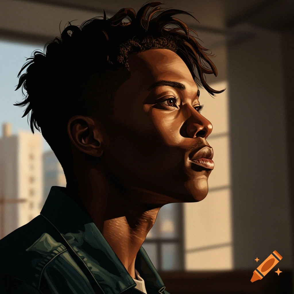 Stylized profile portrait of a man with textured hair, illuminated by golden sunlight from the side.