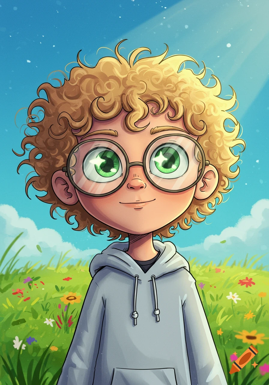 A cartoon boy with blonde curly hair, green eyes, and round glasses, wearing a light gray hoodie, smiles in a field of colorful flowers under a blue sky.