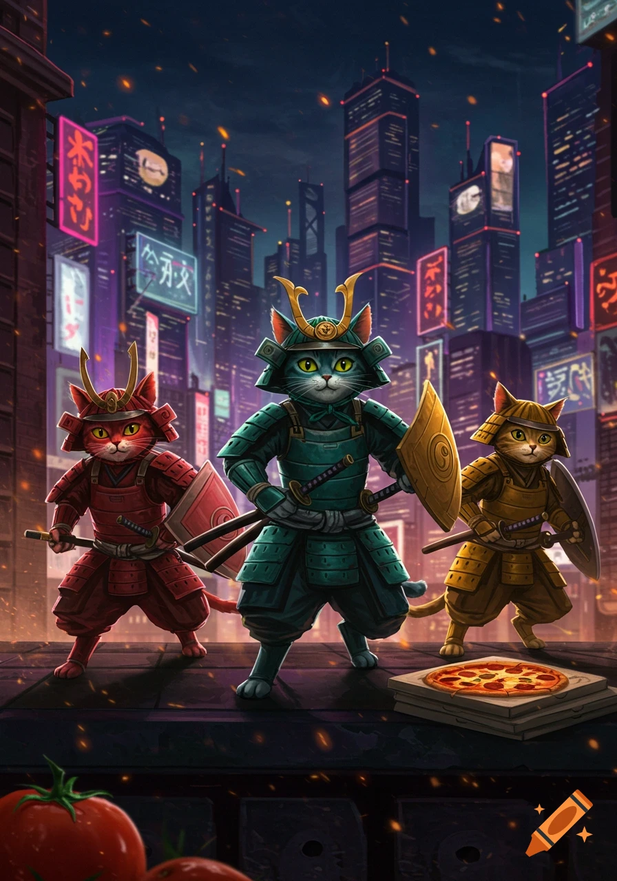 Three armored samurai cats stand on a rooftop in a neon-lit cyberpunk city, with a box of pizza nearby in a stylized illustration.