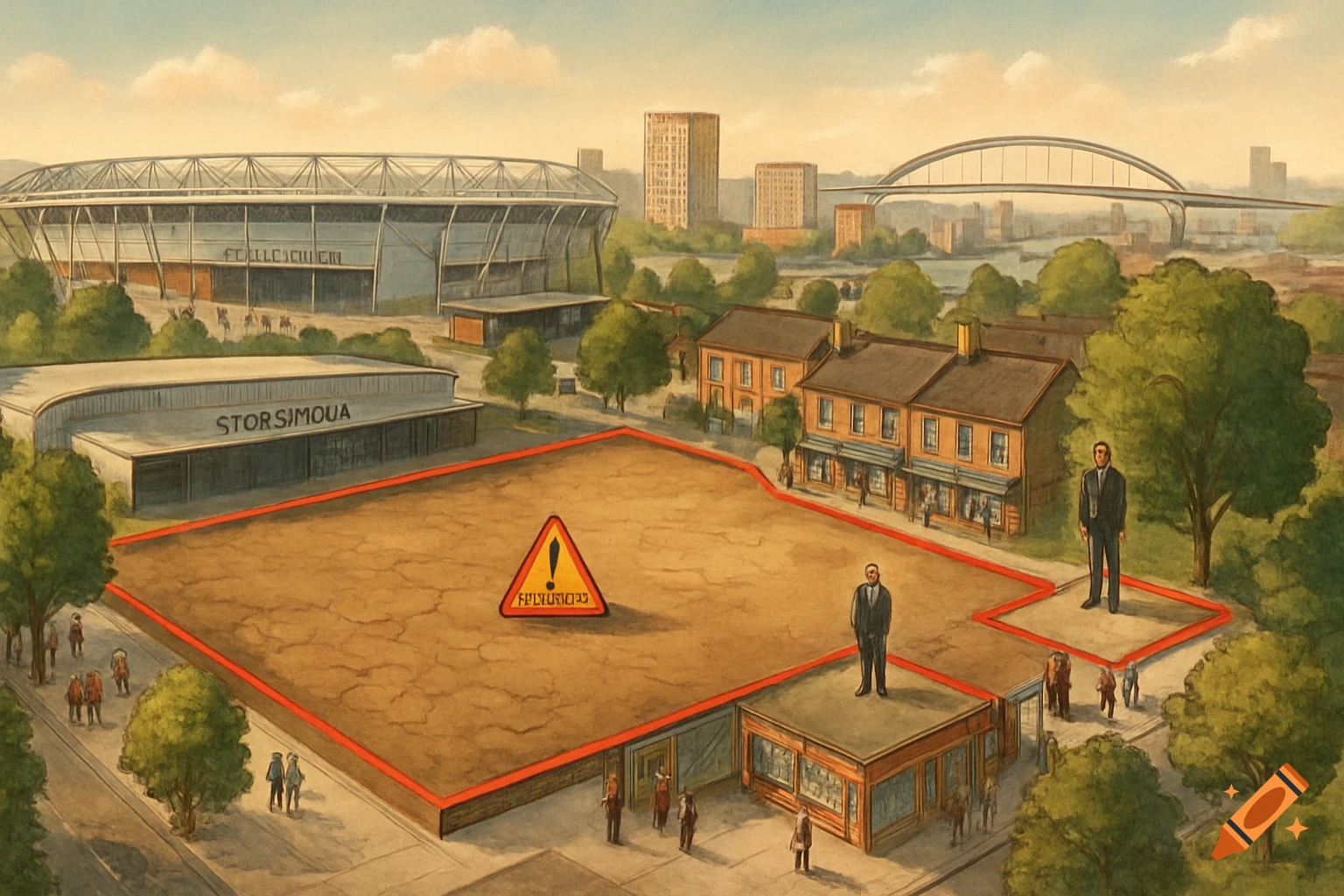 An aerial drawing of a city development site with a stadium, bridge, buildings, and a large brown field marked with a red line and a warning sign. Two large men stand on or near the site, representing freeholders.