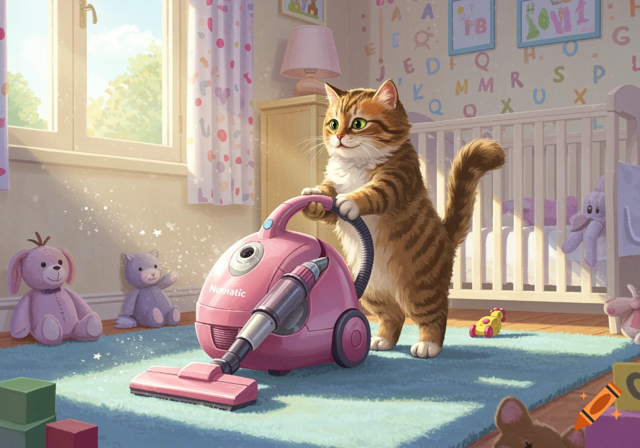 A cute tabby cat pushing a pink Numatic vacuum cleaner on a blue rug in a sunlit baby's room with alphabet wallpaper.