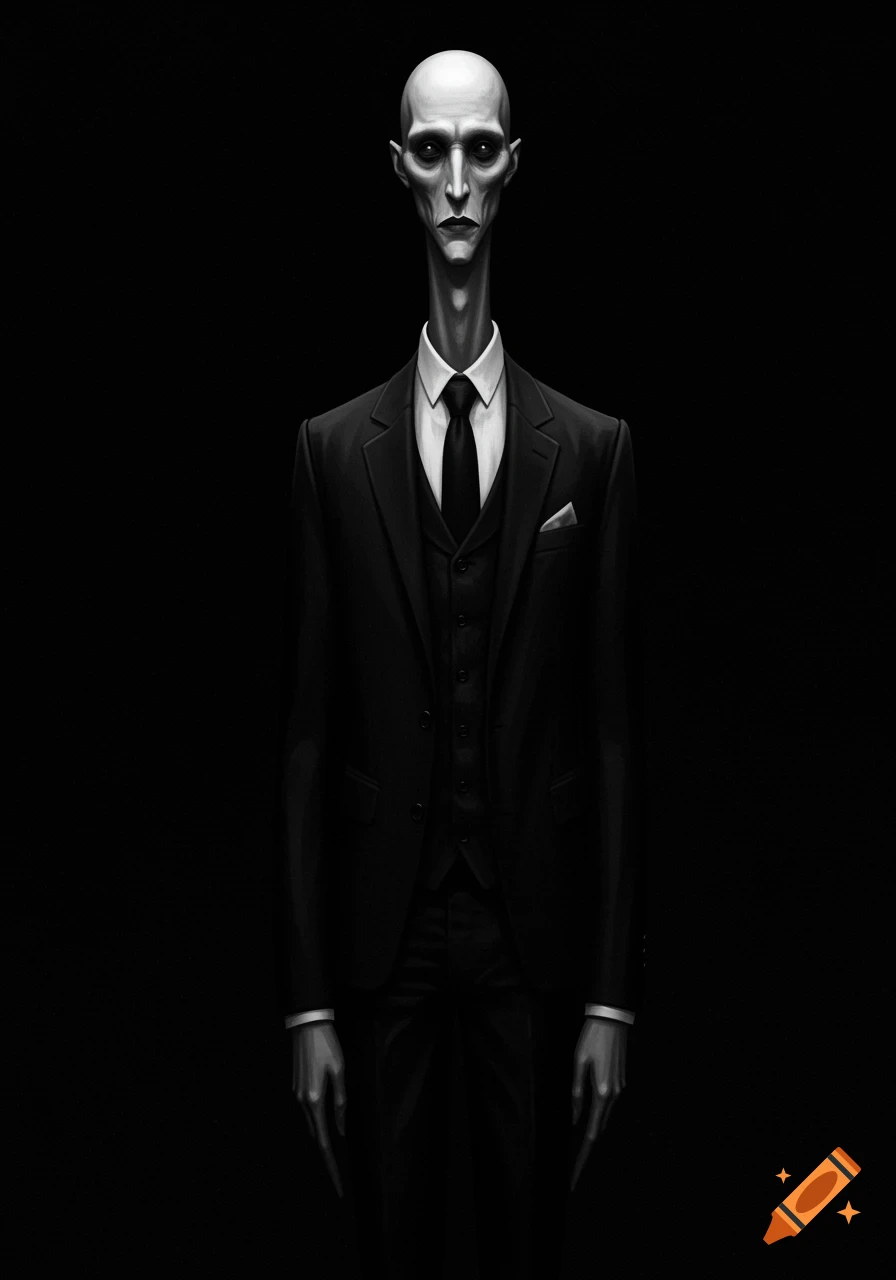 A gaunt, pale-skinned figure with a long neck and face, wearing a black suit, stands in a dark void. The image is a grayscale digital illustration with a sinister tone.