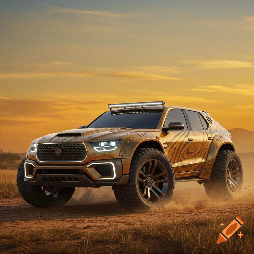 A gold custom off-road vehicle with large tires and a light bar drives on a dirt road at sunset, stirring up dust.