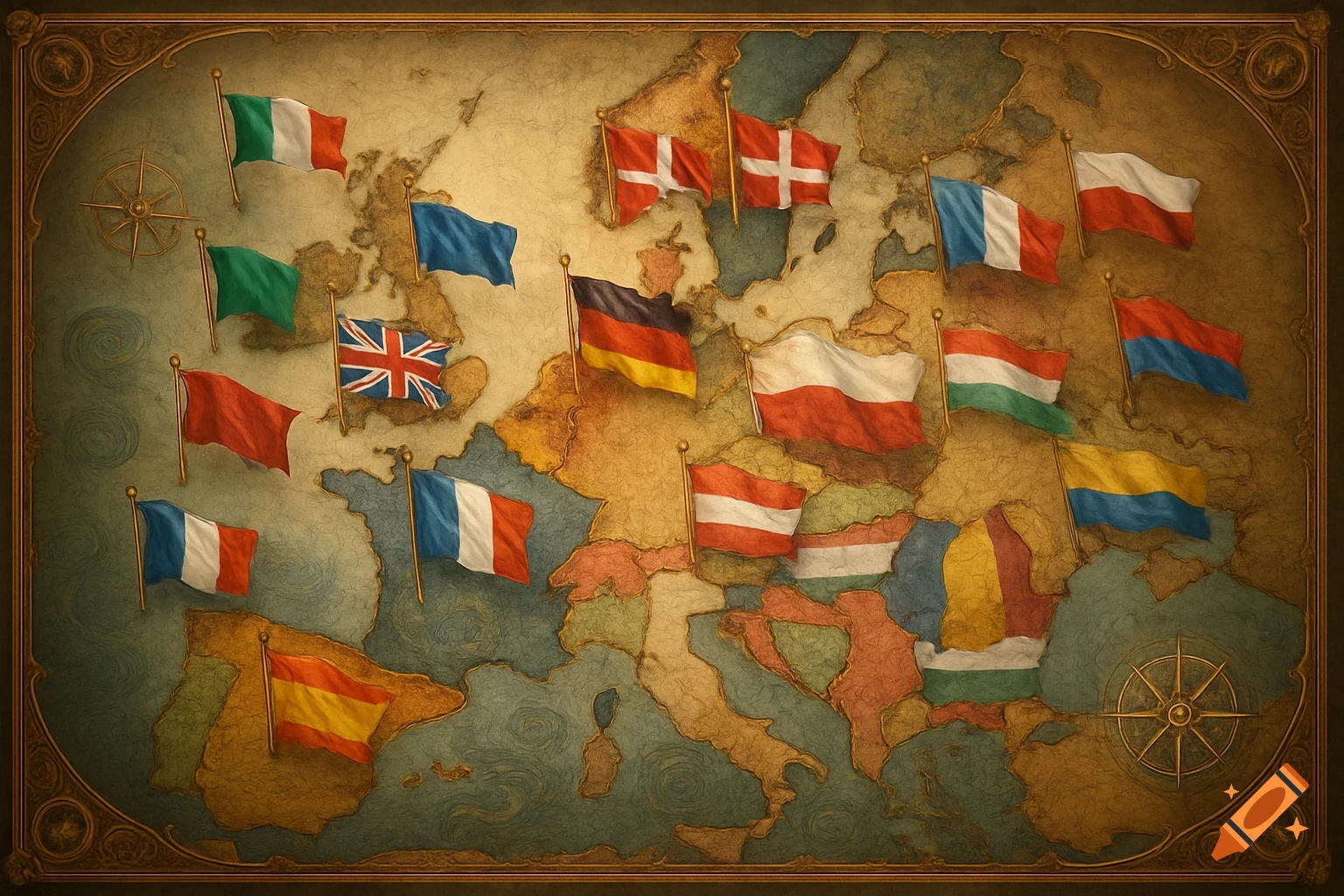 An old-world style map of Europe with various European country flags placed on their respective regions.