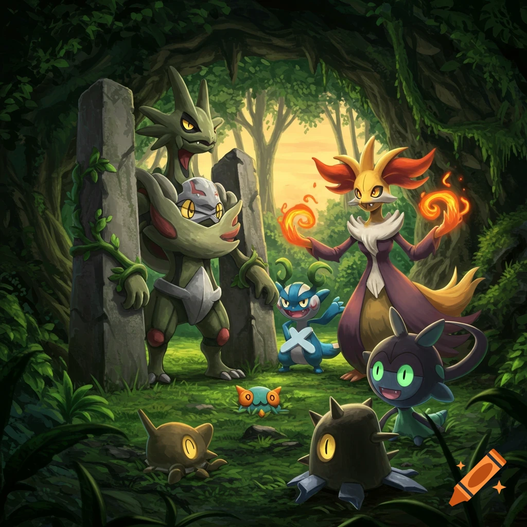 A group of colorful, stylized fantasy creatures resembling Pokemon in a vibrant, overgrown forest setting, with two large stone pillars.
