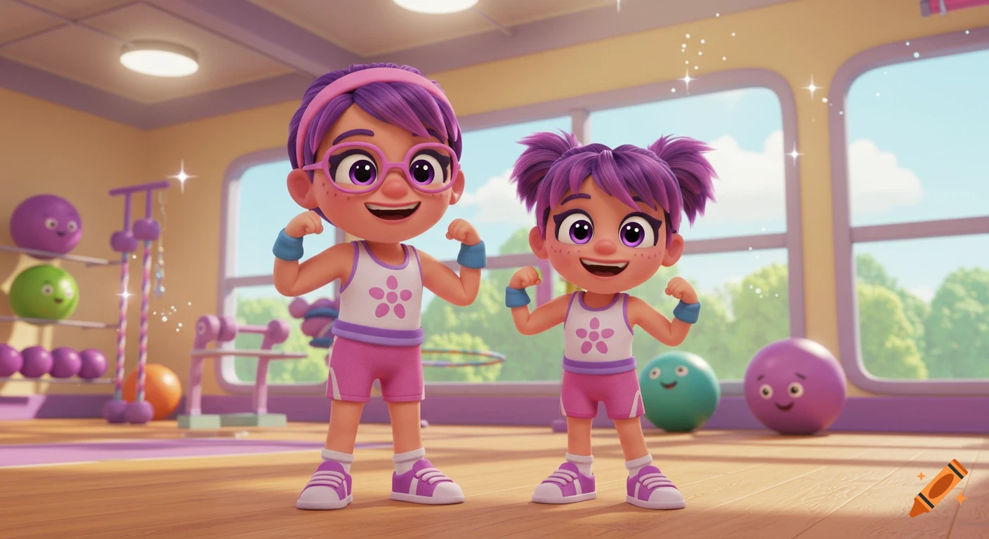 Two smiling cartoon girls with purple hair, wearing athletic outfits, flex their muscles in a brightly lit gym.