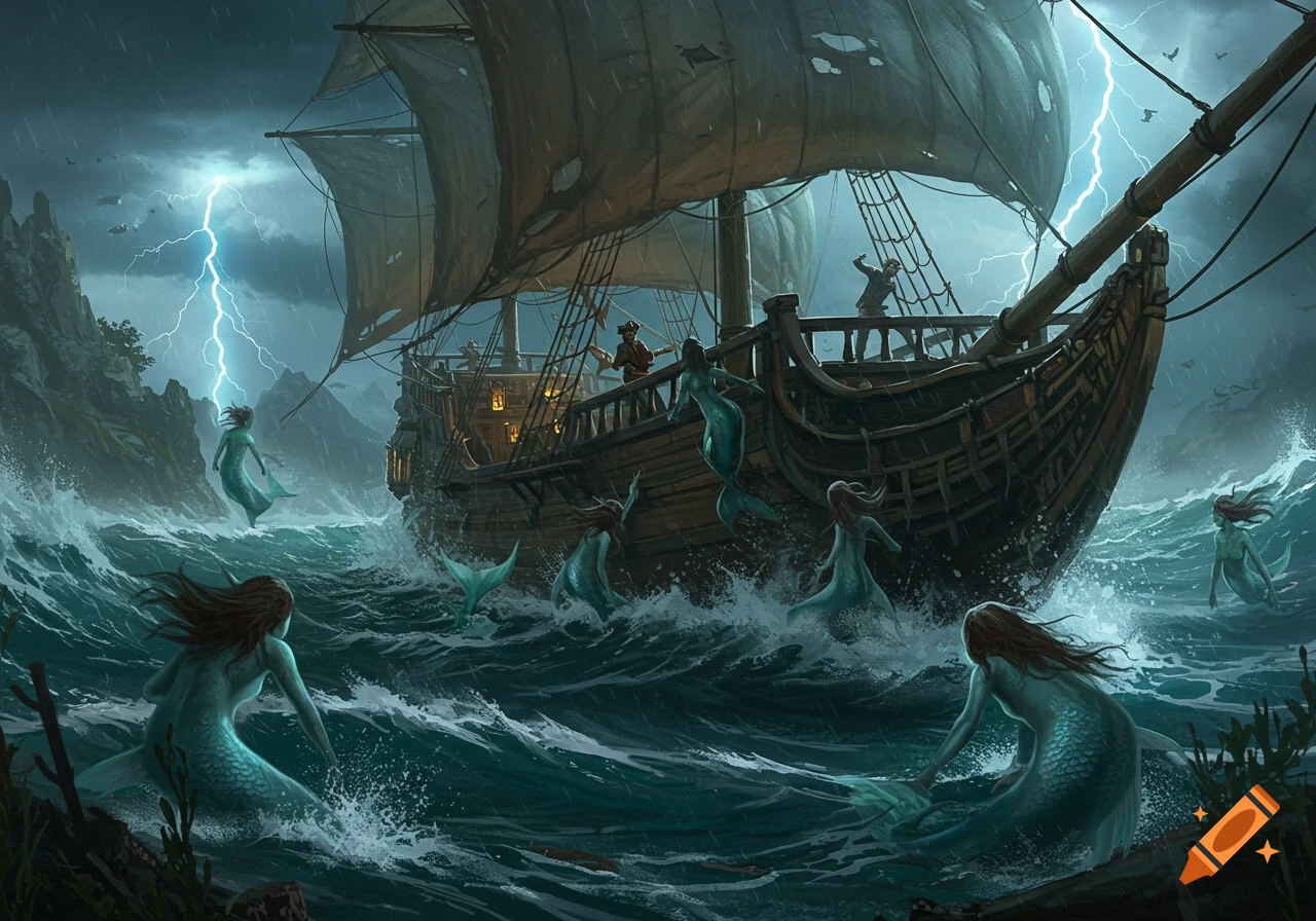 A dramatic fantasy illustration of a pirate ship under attack by mermaids during a lightning storm on a rough sea.