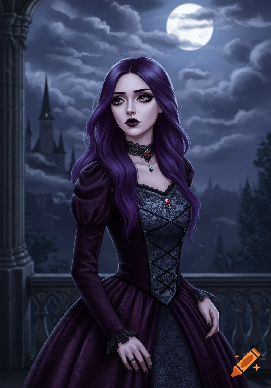A gothic princess with long purple hair and a dark elegant dress stands on a moonlit balcony, with a castle in the background.