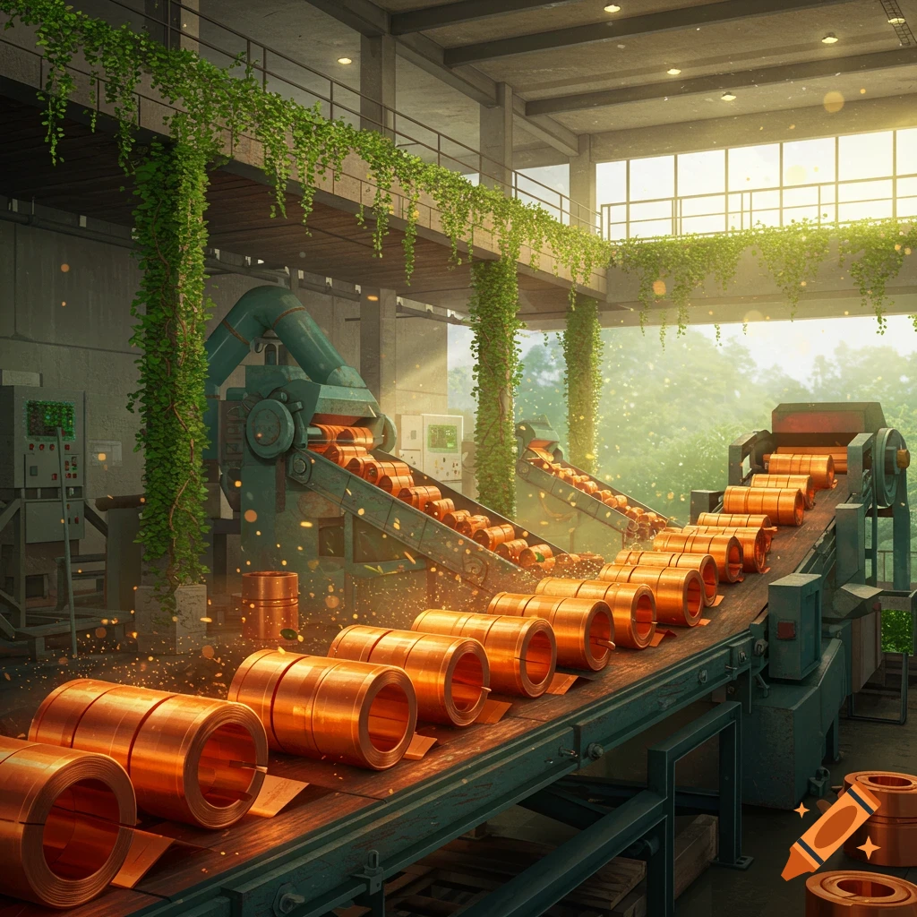 Photorealistic image of copper spools on conveyor belts in a factory, with machinery and vines growing on structures.