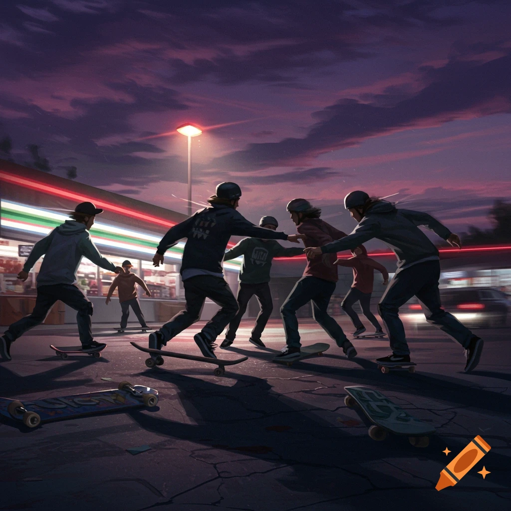 A stylized illustration of a group of skaters in a dynamic pose, seemingly in a playful scuffle, in a convenience store parking lot at dusk.