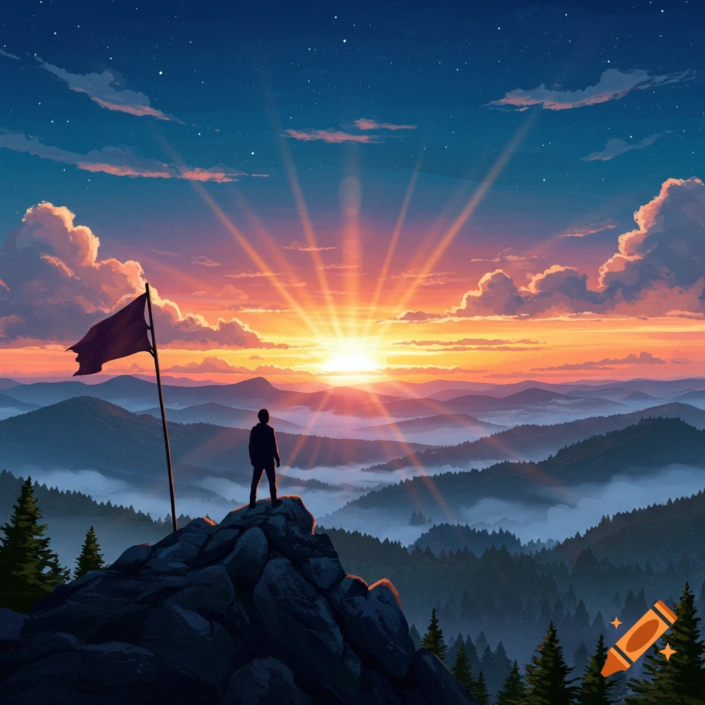 Digital painting of a person on a mountain peak watching a vibrant sunrise over misty valleys with a flag.