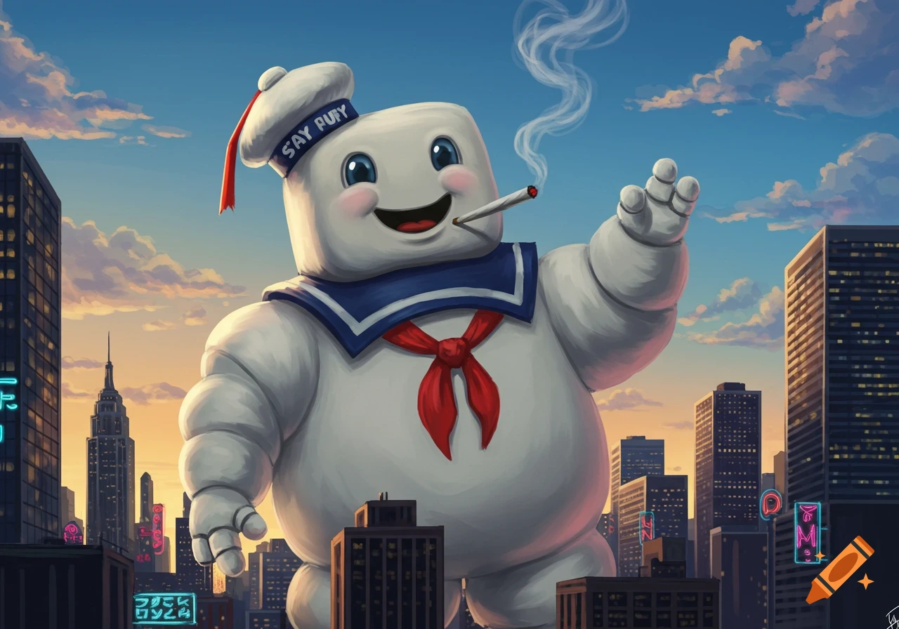 A giant Stay Puft Marshmallow Man smoking a joint walks through a city at sunset, with buildings around him.