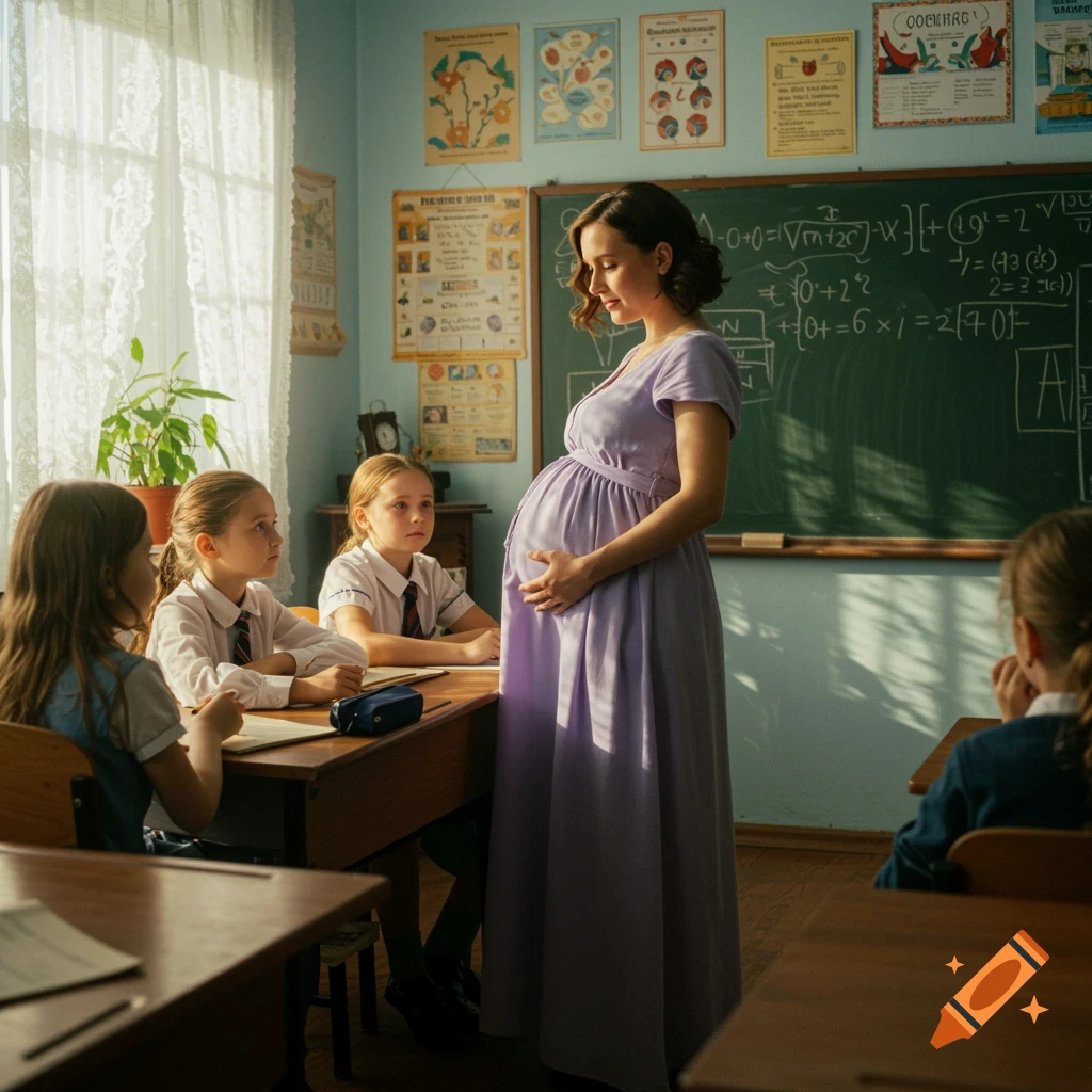 A pregnant teacher in a lavender dress stands in a classroom, looking at students seated at desks.