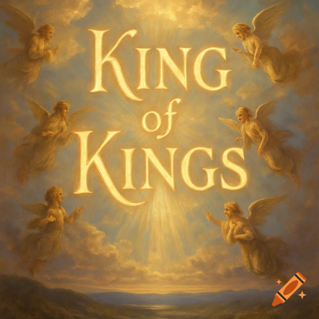 Angels float in a golden, cloud-filled sky with sun rays shining on the glowing text 'King of Kings' in a painterly style.
