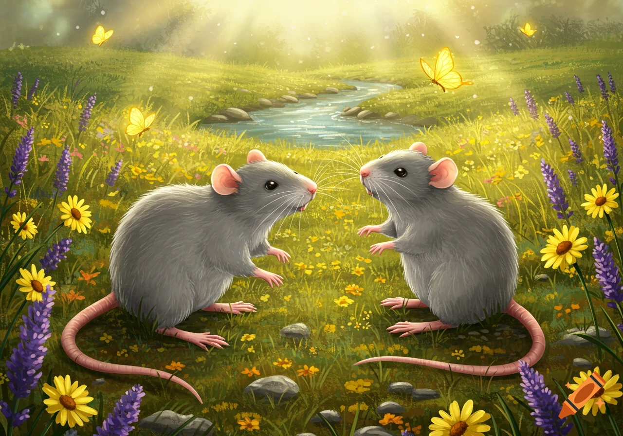 Two cute gray rats face each other in a vibrant green field filled with colorful flowers and butterflies, with a stream behind them.