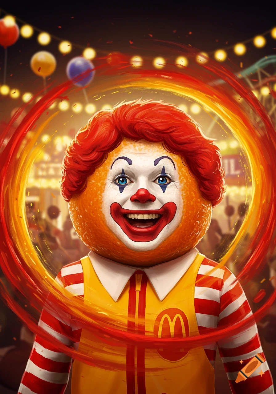 A joyful clown with an orange-textured head and red hair, wearing a yellow and red striped McDonald's uniform, stands at a carnival.