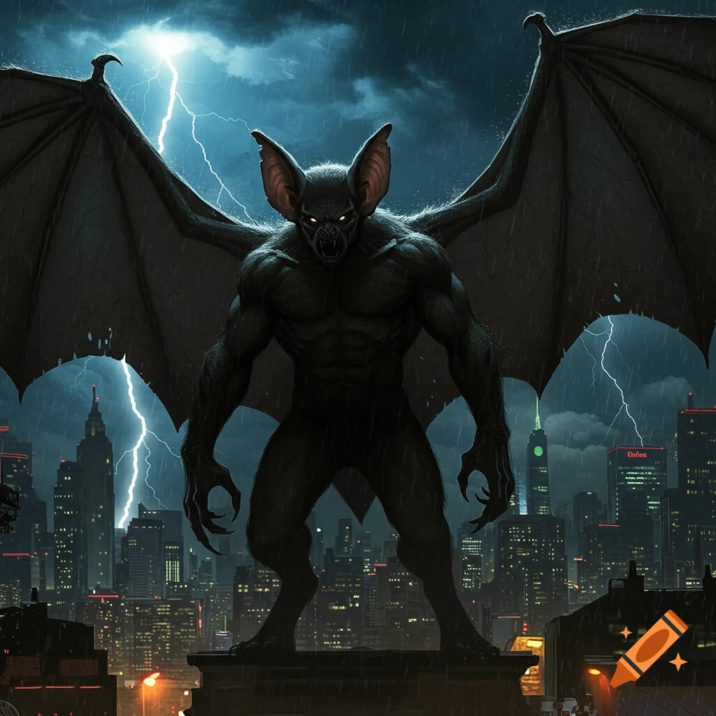 A massive, muscular, dark bat-like creature with large wings stands atop a building, silhouetted against a stormy, lightning-filled night sky over a sprawling city.