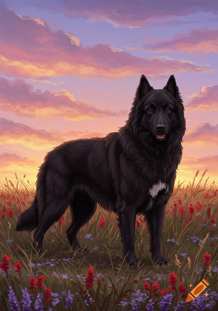 A black dog stands in a field of red and purple wildflowers under a colorful sunset sky.