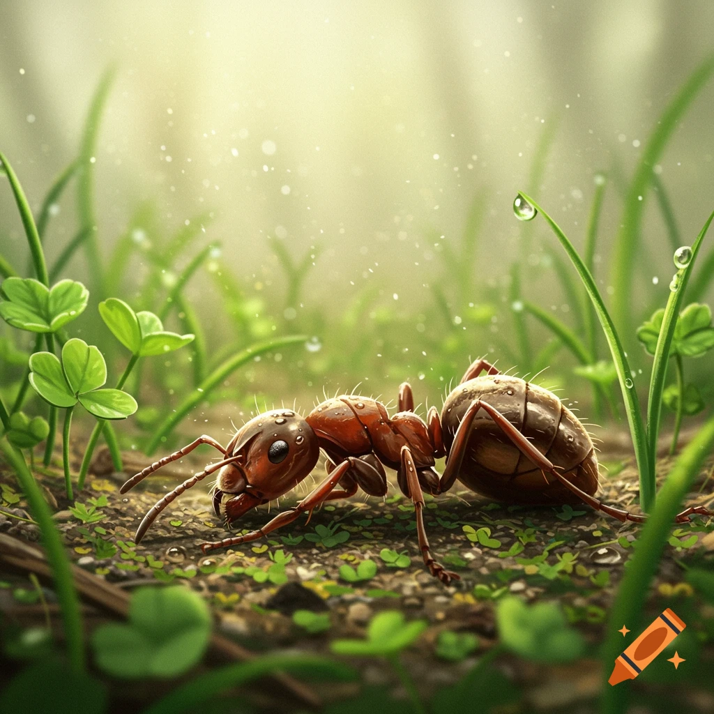 Close-up of a reddish-brown ant crawling on damp soil among green grass and clover with dew drops.