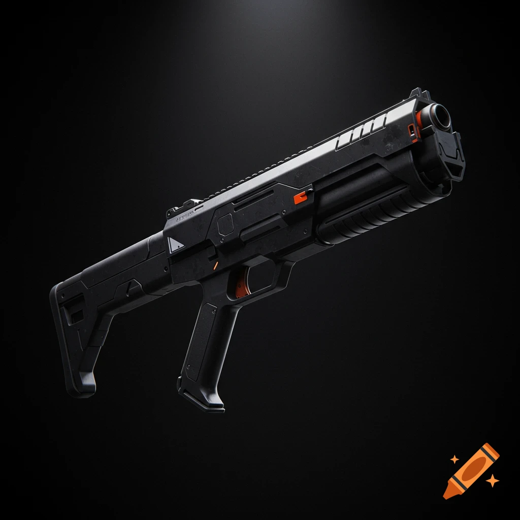 A sleek, jet-black futuristic assault blaster with orange accents, depicted against a black background.