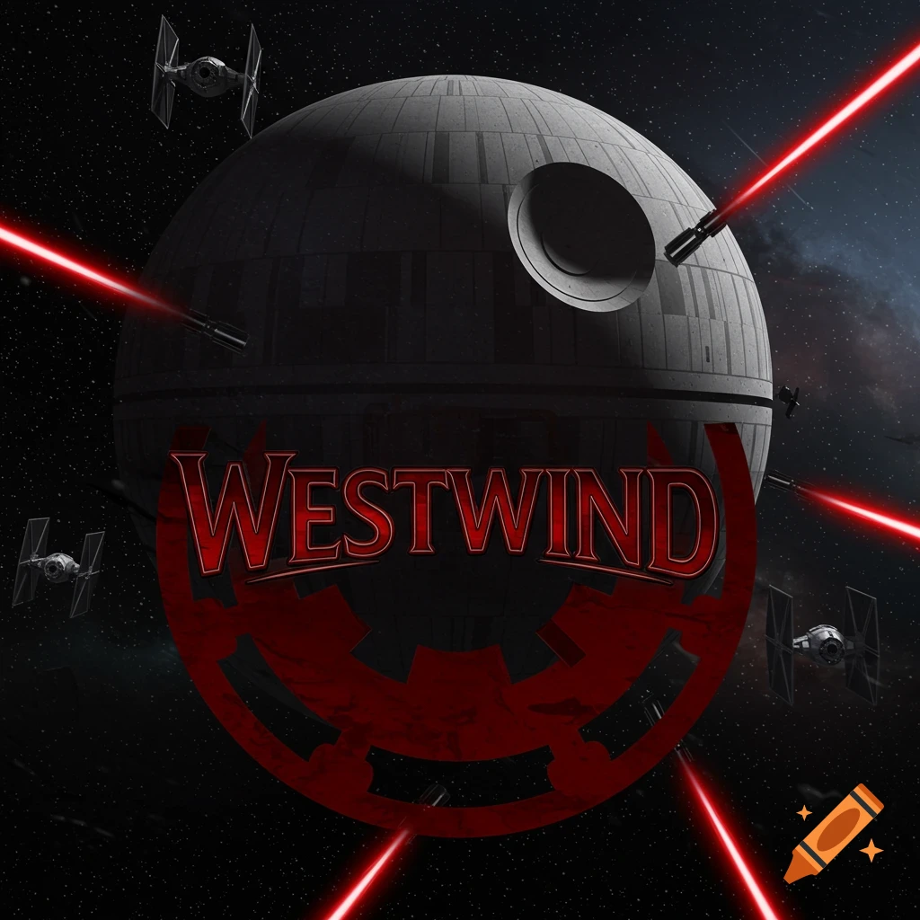 A digital illustration of the Death Star and TIE Fighters firing red lasers in space, with the word 'WESTWIND' in red over a Galactic Empire symbol.