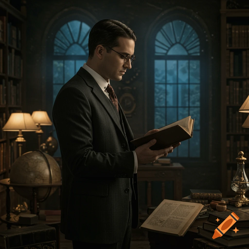 A man in a suit and glasses reads an old book in a dimly lit, vintage library with large windows.