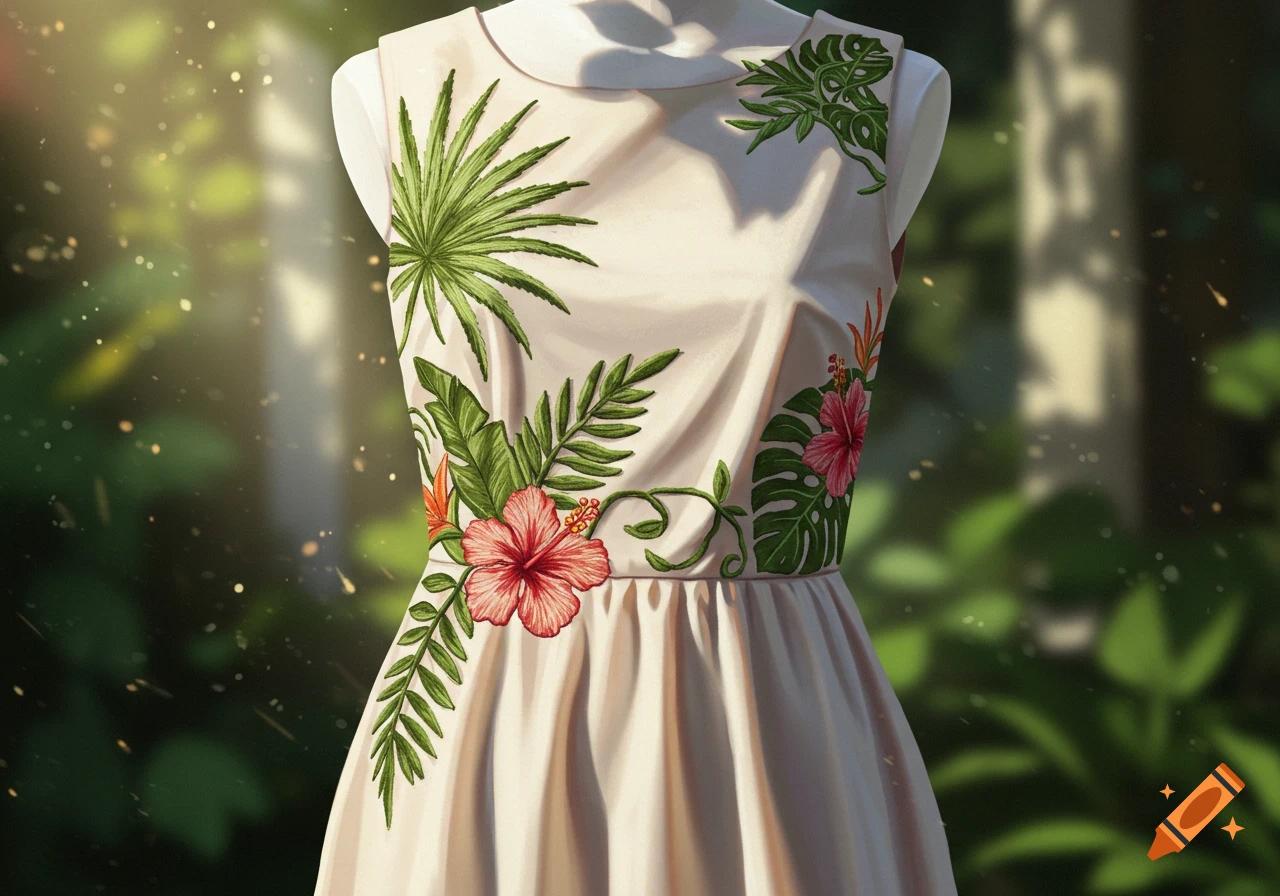 Cream sleeveless dress with embroidered tropical leaves and hibiscus flowers on a mannequin, against a blurred green background.