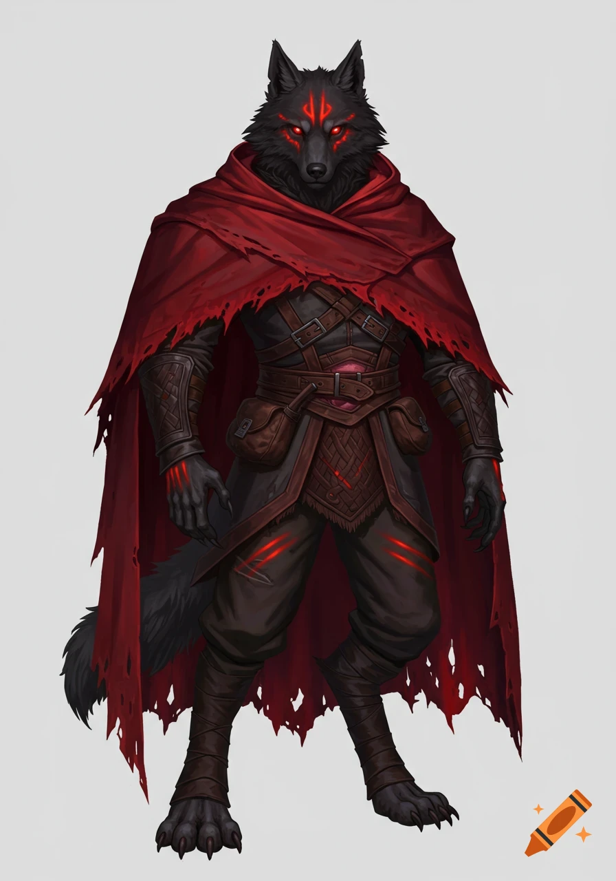 A dark anthropomorphic wolf character in a tattered red cloak with glowing red eyes and markings, standing on a white background.