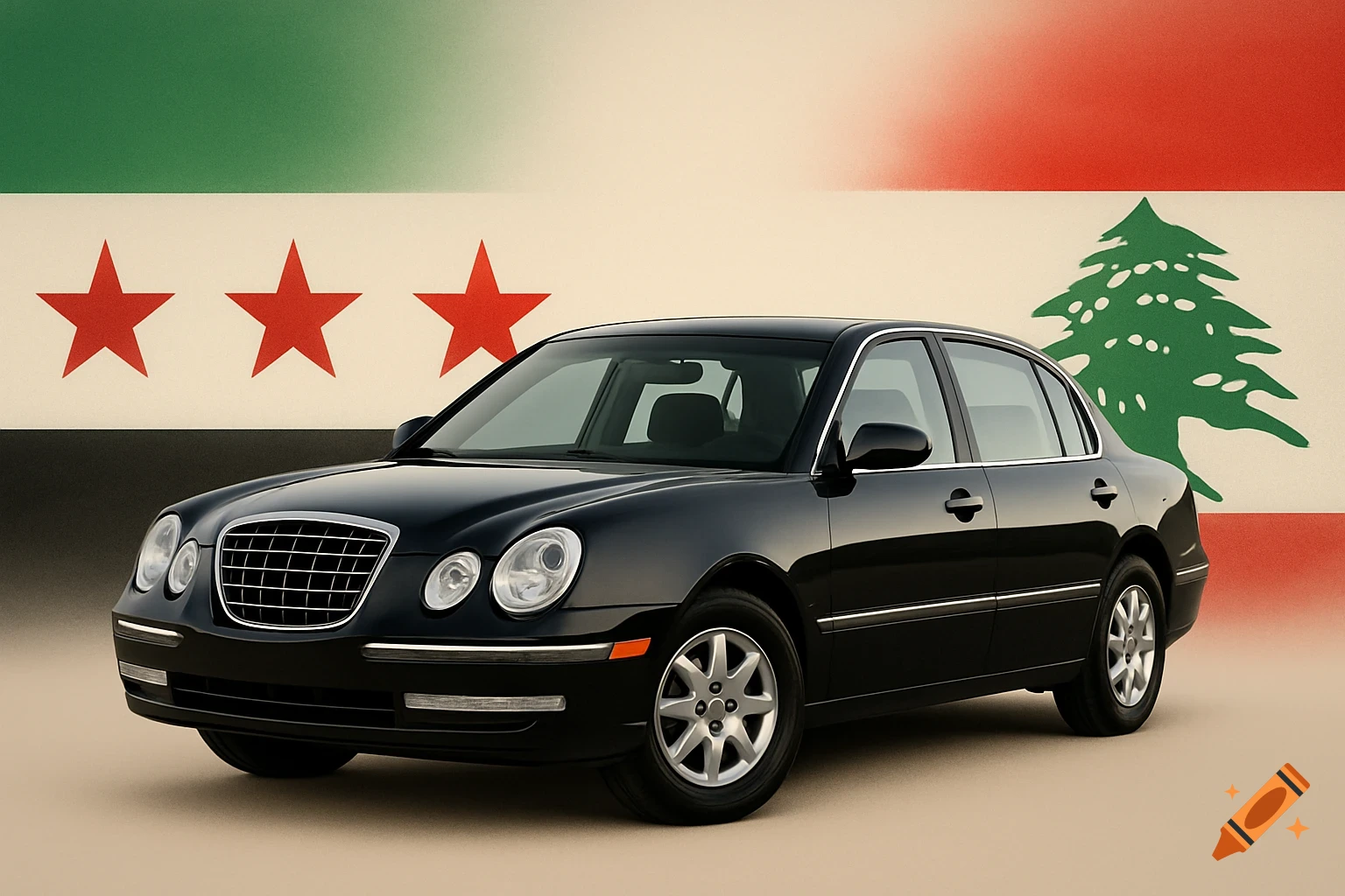 A black Kia Amanti sedan is parked in front of a blended background featuring the Syrian revolution flag and the Lebanese flag.