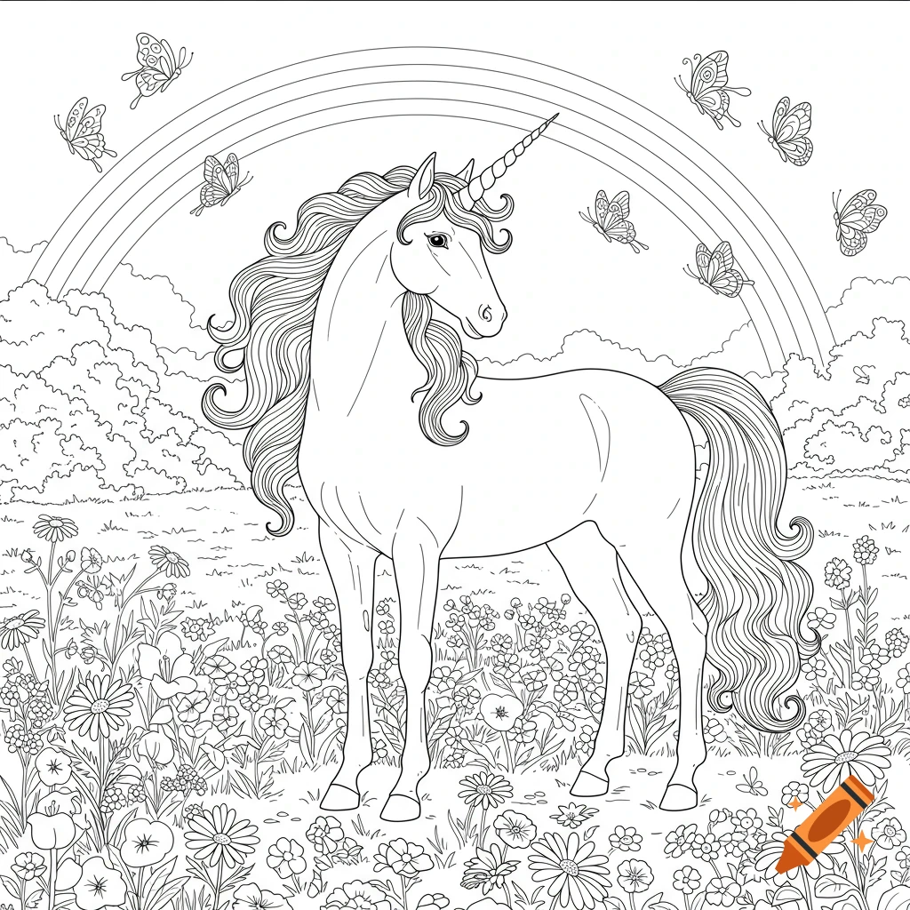 A detailed line art coloring page of a majestic unicorn standing in a field of flowers with butterflies and a rainbow in the background.