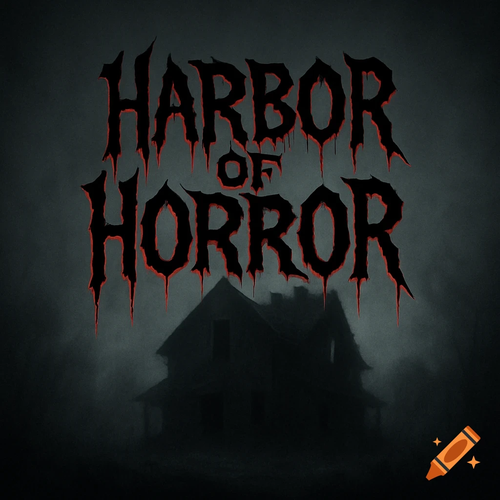 A dark, creepy horror logo featuring the words 'HARBOR OF HORROR' in a dripping red font above a silhouetted abandoned house in fog.