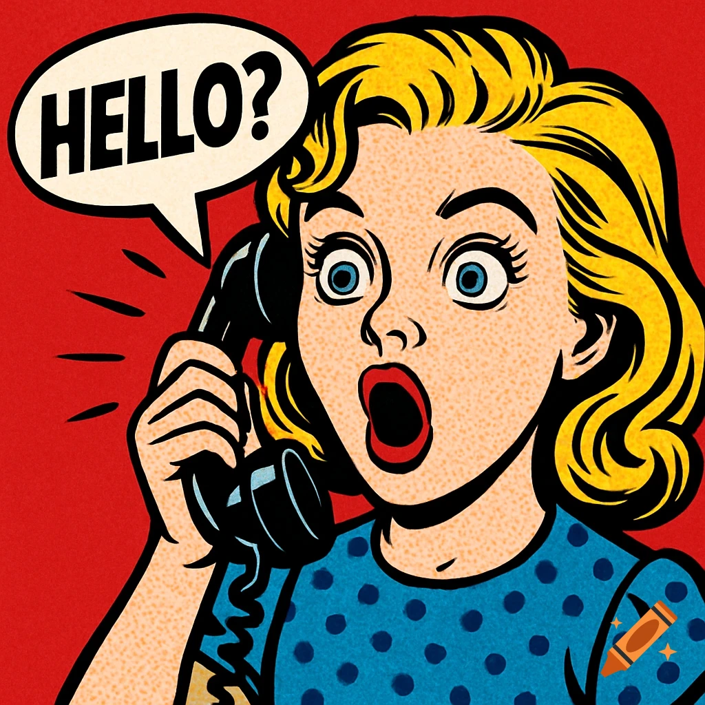 A Lichtenstein-style pop art image of a surprised blonde woman on the phone, with a speech bubble saying "HELLO?".