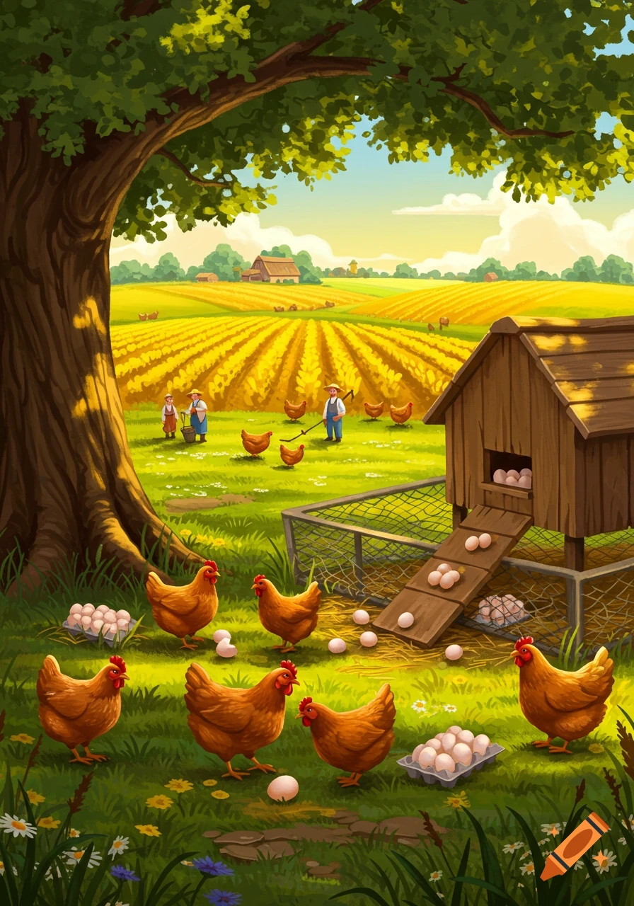 Illustrated farm scene with chickens, eggs, and farmers in golden fields under a blue sky.