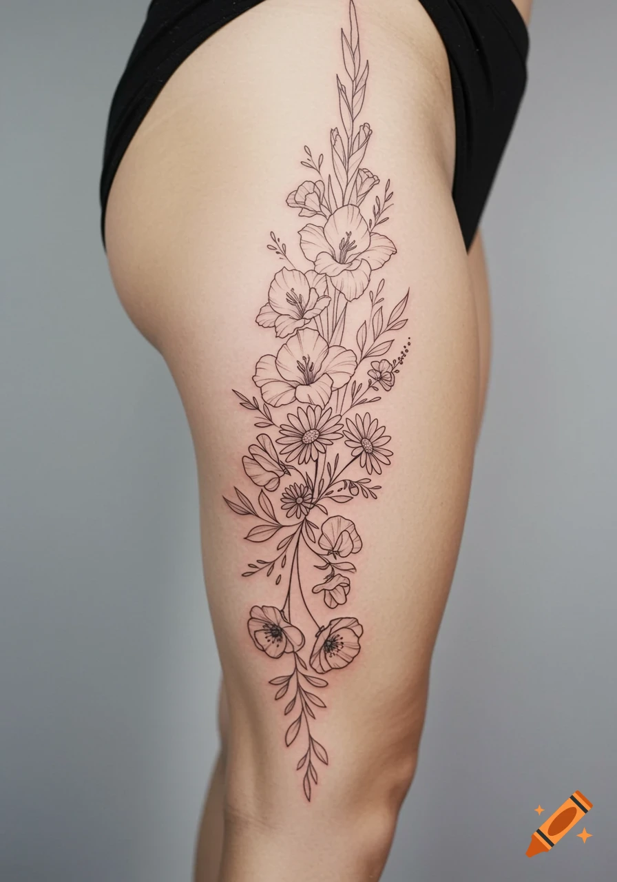 A fine line tattoo mockup of a floral vine with gladiolus, daisies, sweet peas, and poppy buds on a woman's right outer thigh.