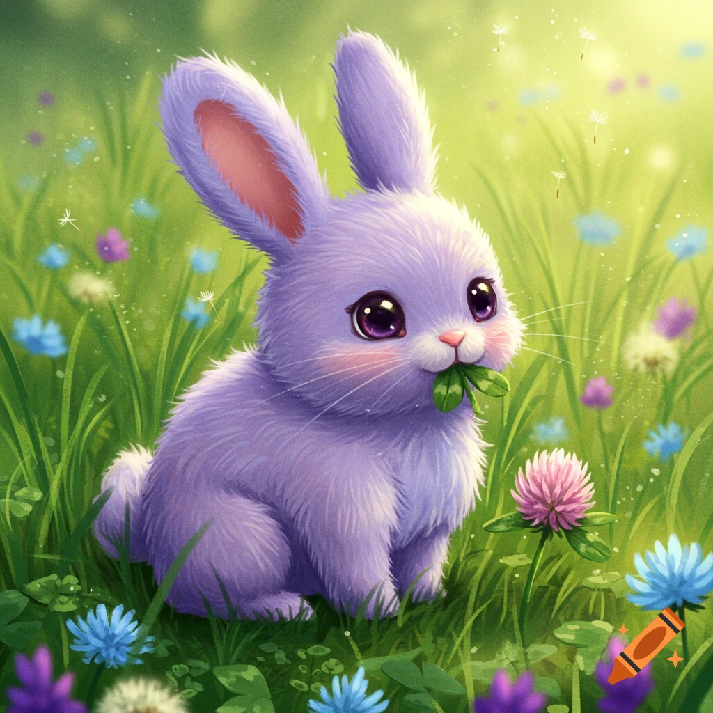 A cute purple rabbit with big eyes eats clover in a field of green grass and colorful flowers.