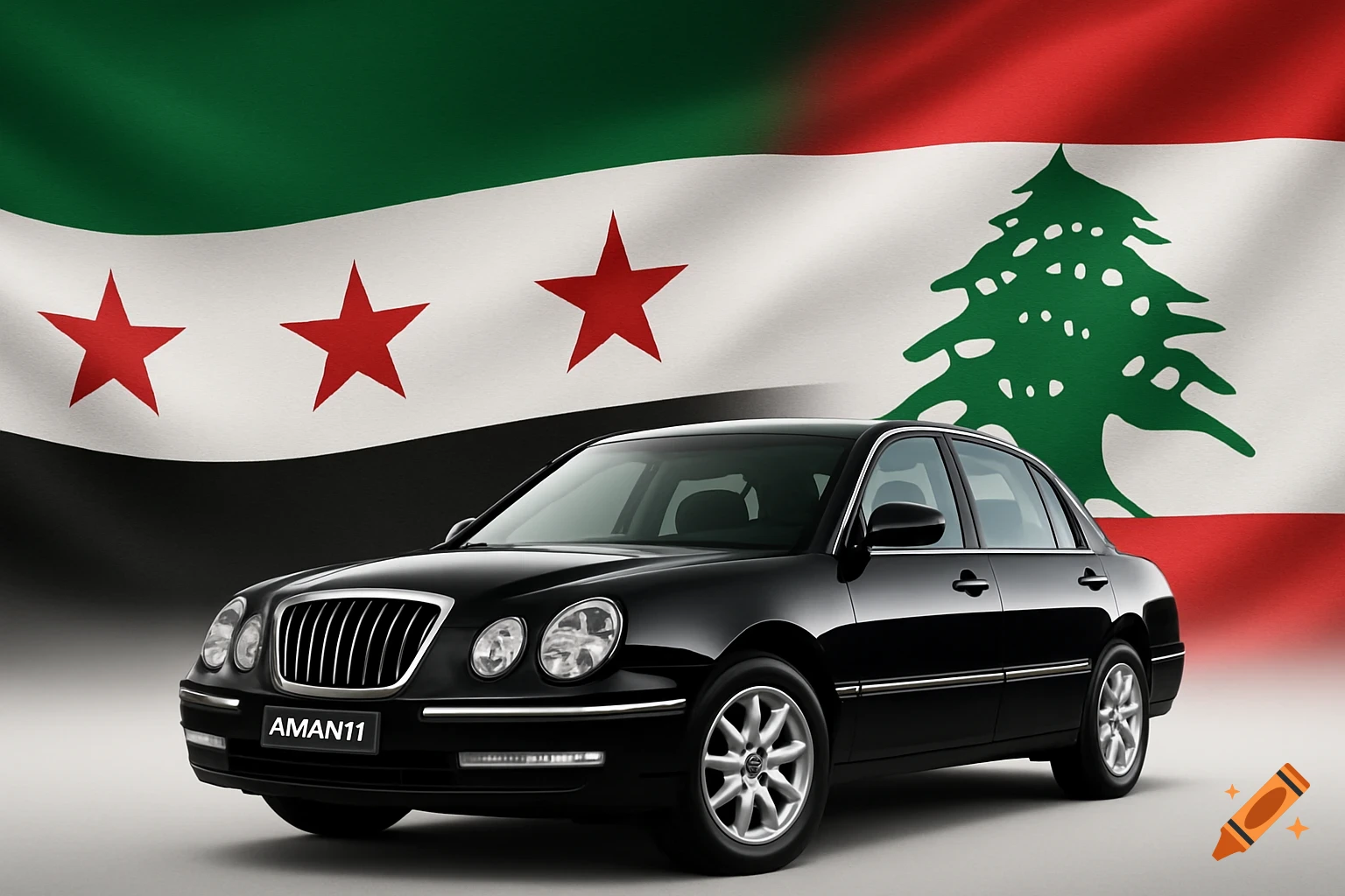 A black 2010 Kia Amanti sedan in front of a blended flag background of Syria and Lebanon.