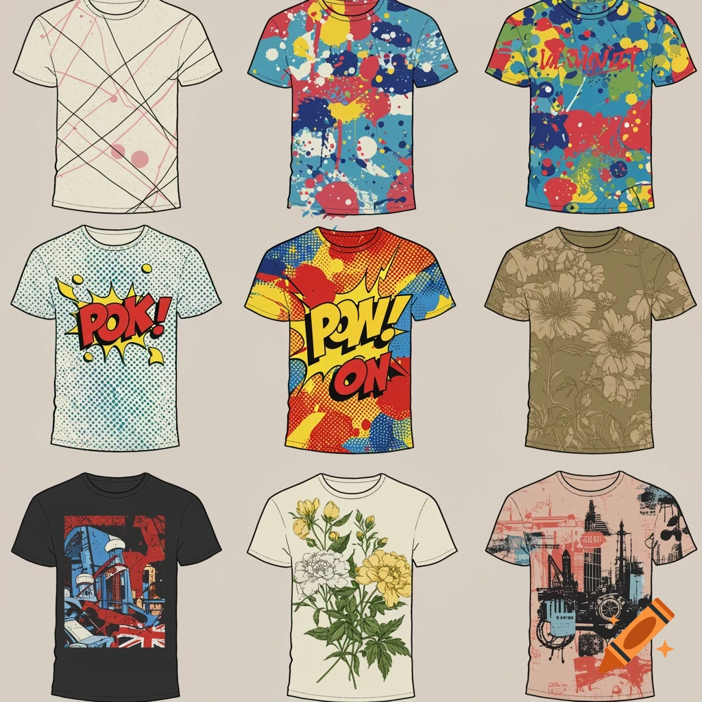 Nine flat lay illustrations of t-shirts with various designs, including abstract patterns, comic book pop art, floral prints, and urban graphics.