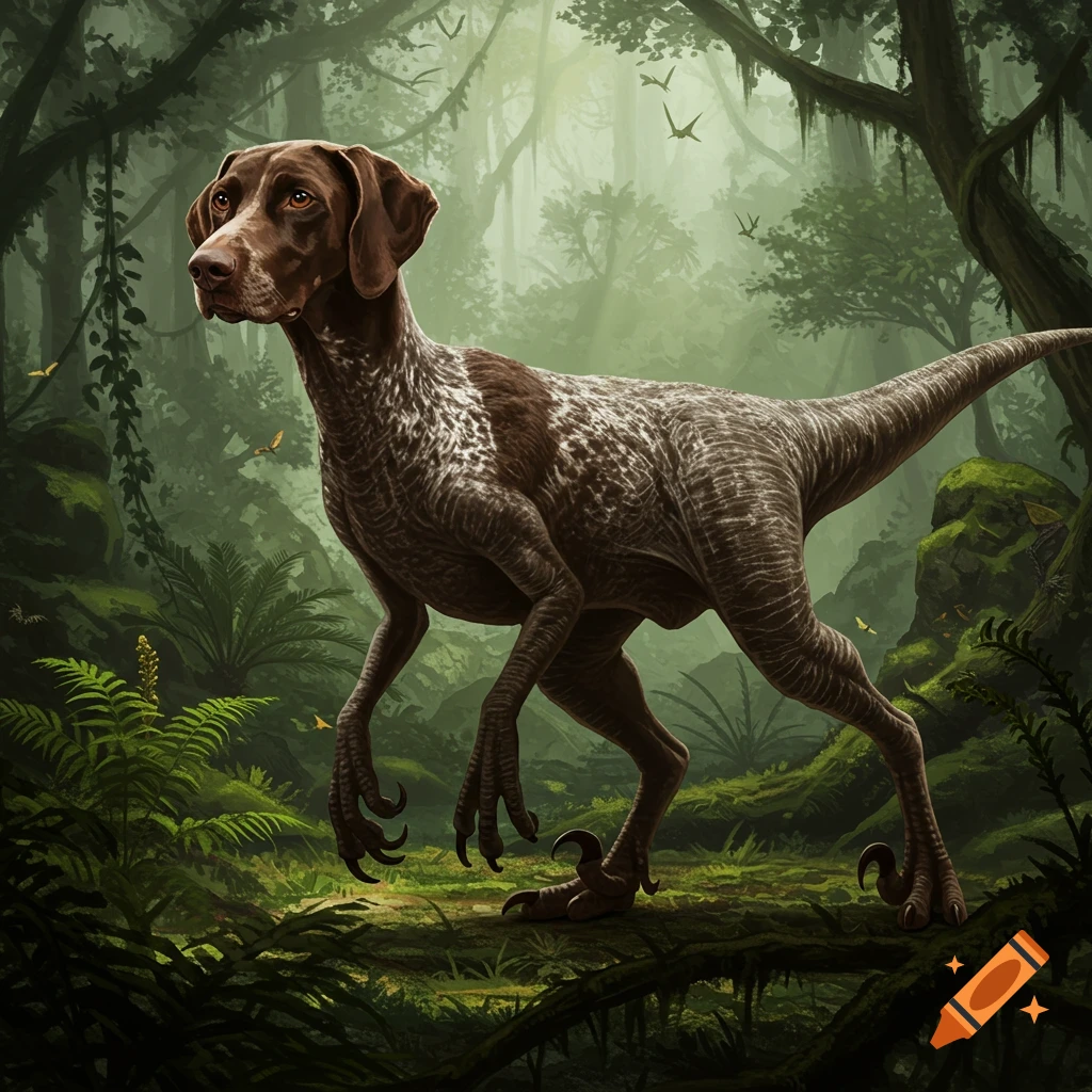 A brown and white speckled German Shorthaired Pointer with a raptor body stands in a misty, dark jungle.