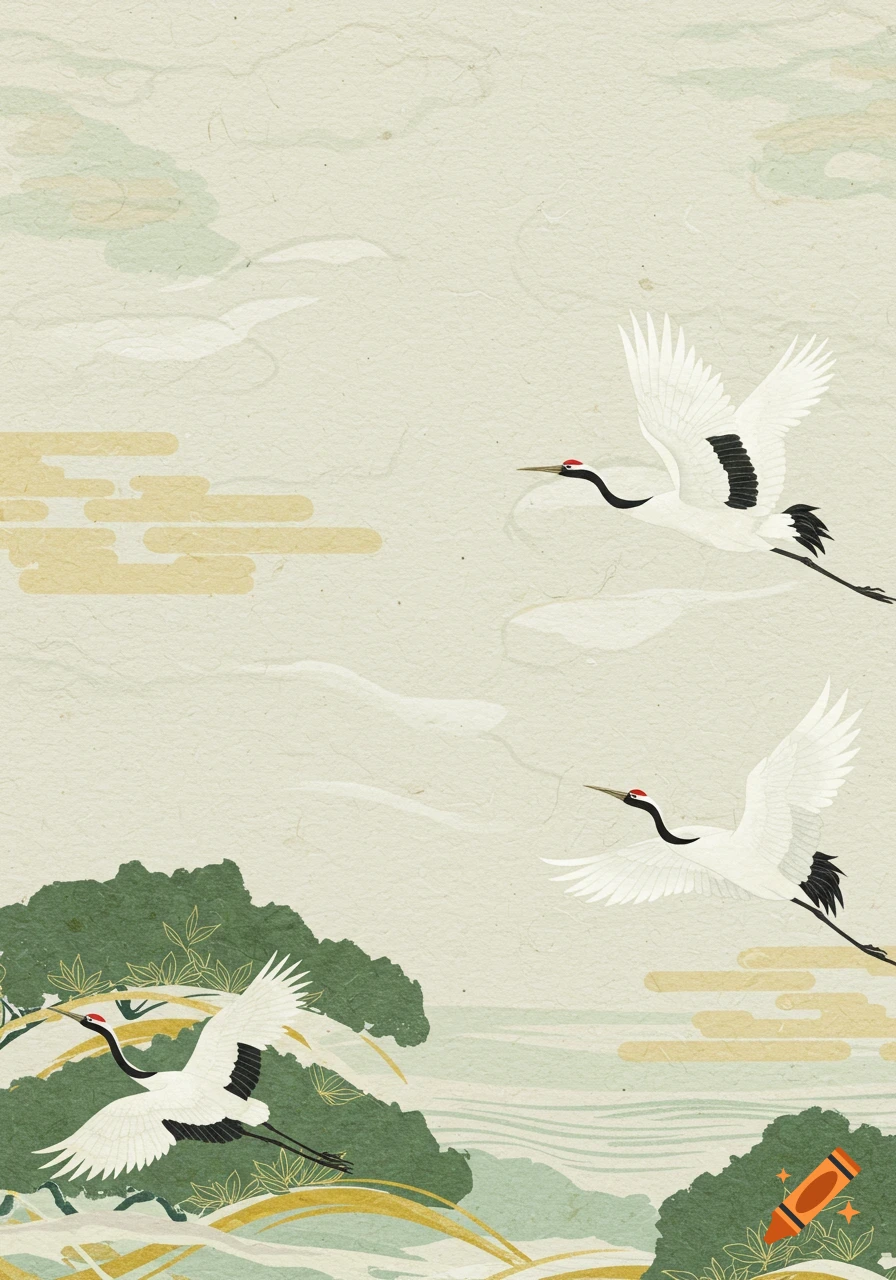 Three white cranes flying over a green and gold Japanese landscape on textured washi paper, in traditional art style.